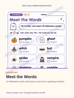 Preview: Halloween English vocabulary printable activity for children ages 6–9