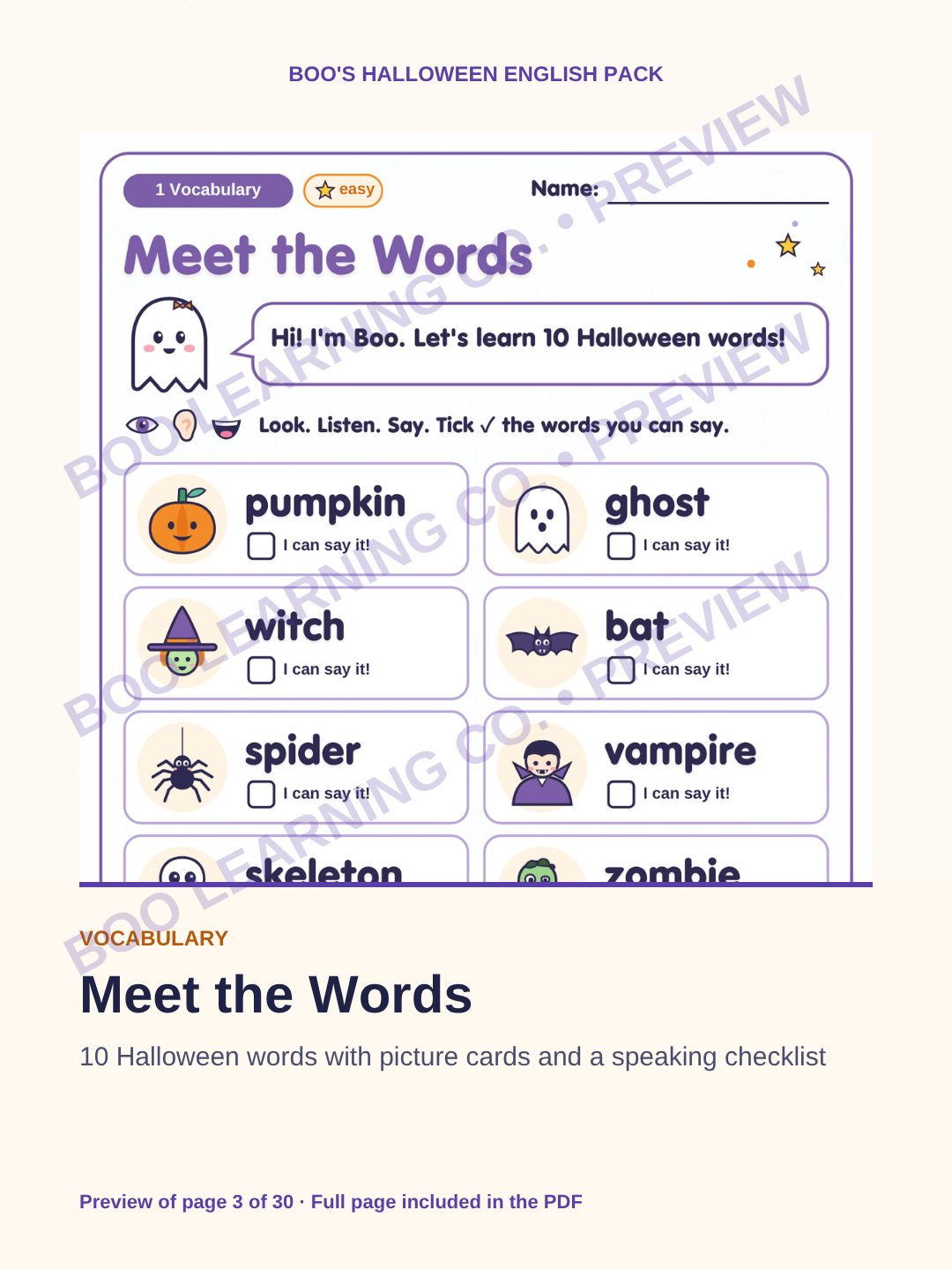 Preview: Halloween English vocabulary printable activity for children ages 6–9