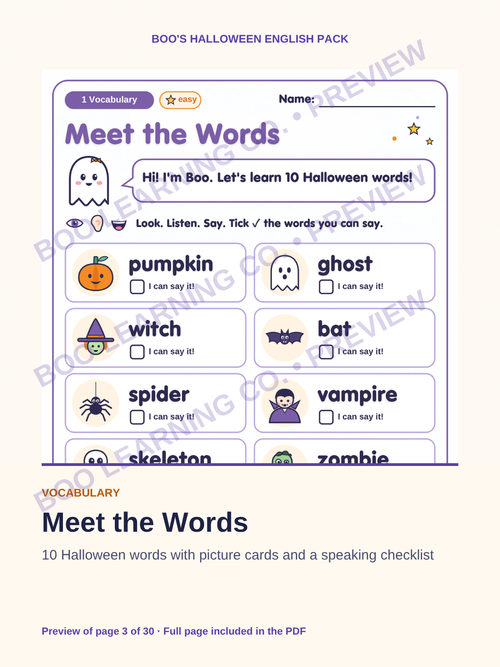 Preview: Halloween English vocabulary printable activity for children ages 6–9