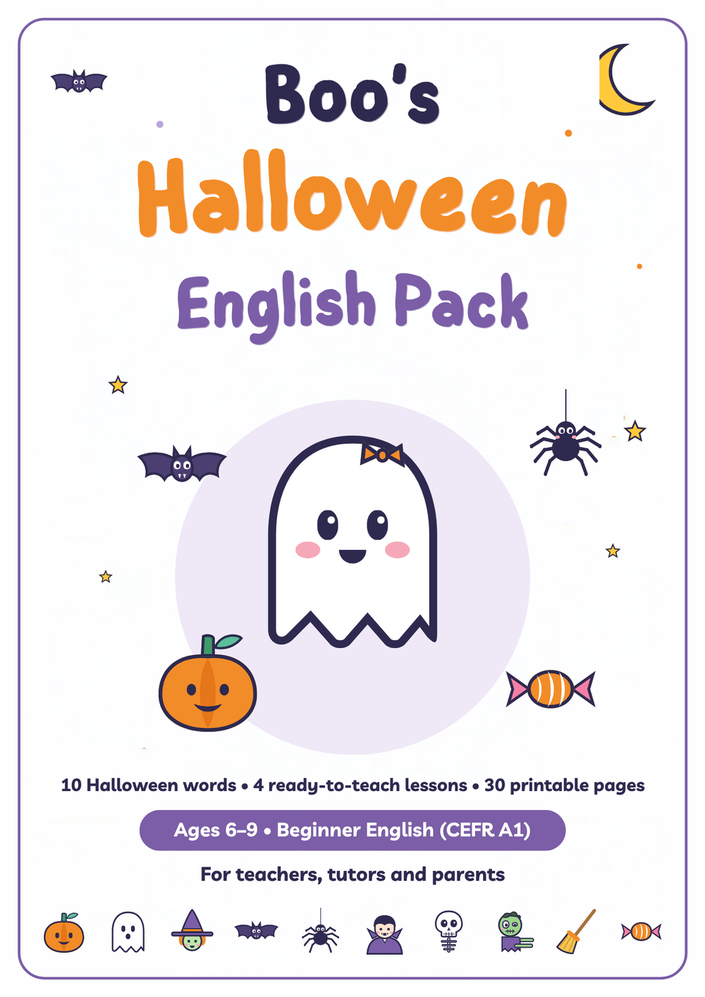 Boo's Halloween English Pack cover – 30 printable ESL activities for ages 6–9