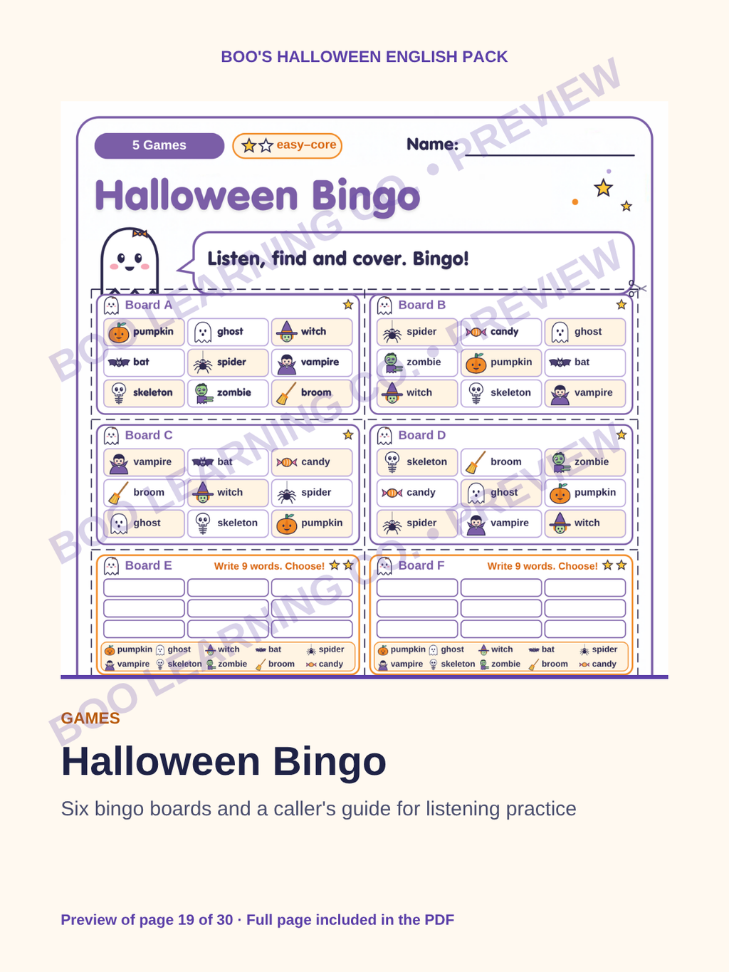 Preview: Halloween English speaking game and printable cards