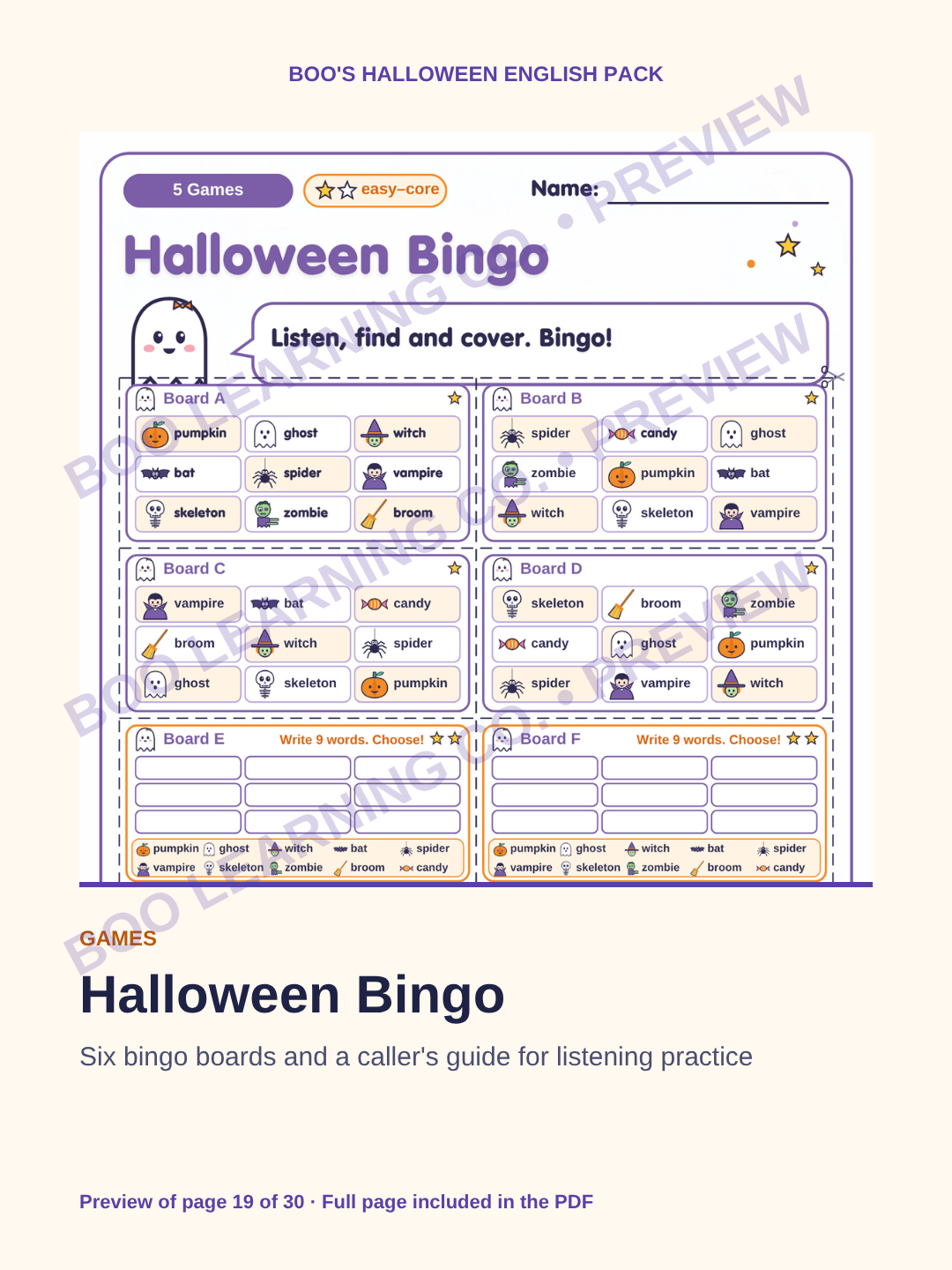 Preview: Halloween English speaking game and printable cards