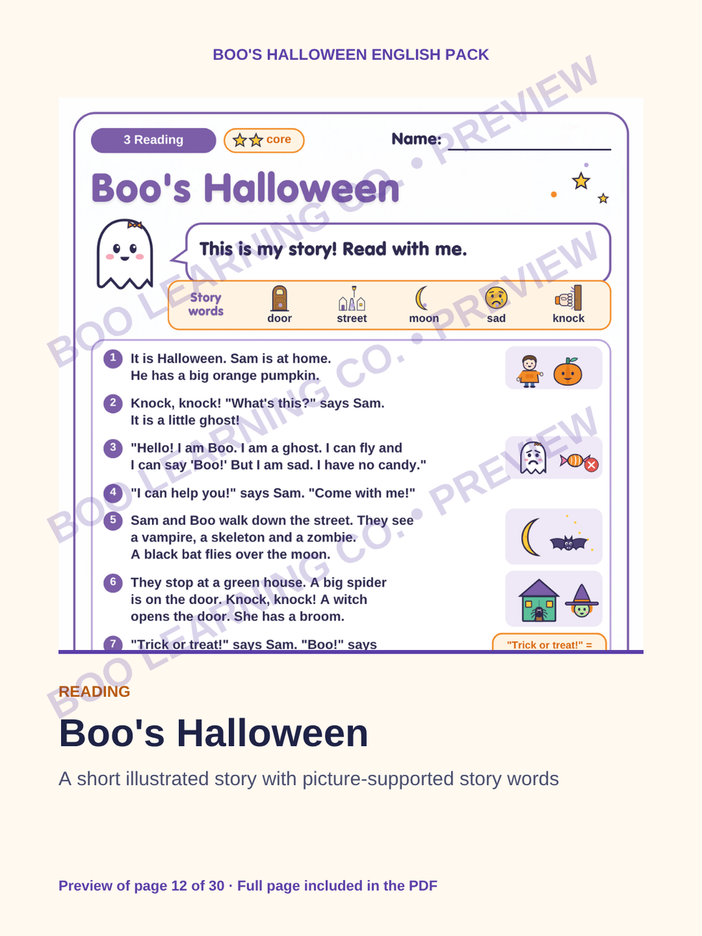 Preview: Halloween English reading comprehension printable for children ages 6–9