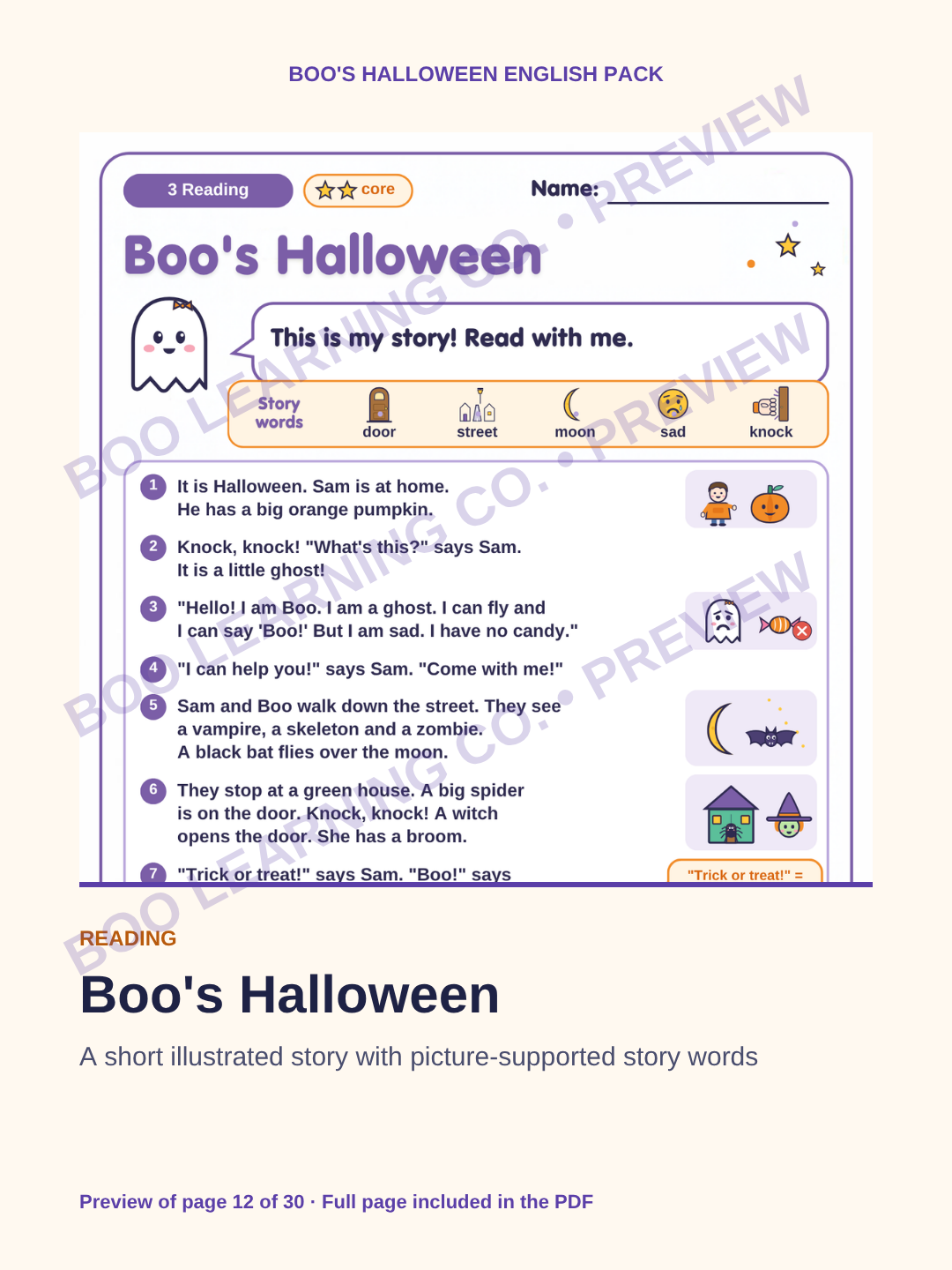 Preview: Halloween English reading comprehension printable for children ages 6–9