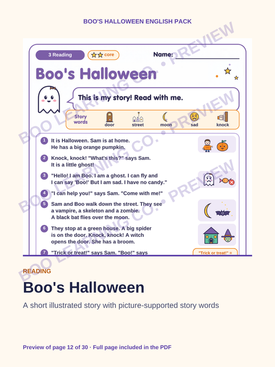Preview: Halloween English reading comprehension printable for children ages 6–9