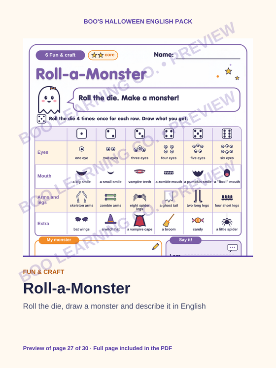 Preview: Roll-a-Monster Halloween English printable activity