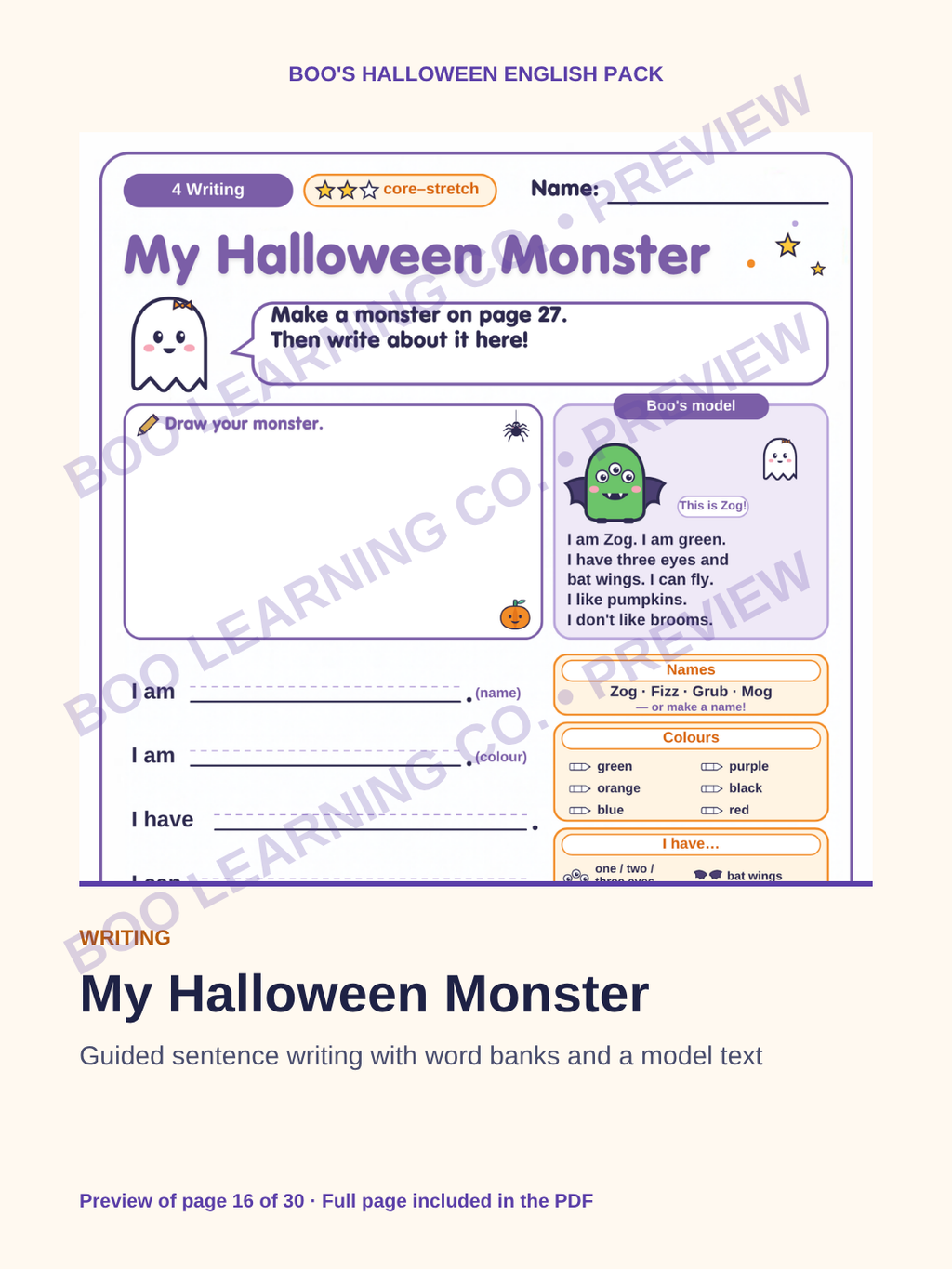 Preview: Halloween English writing activity printable for beginner learners